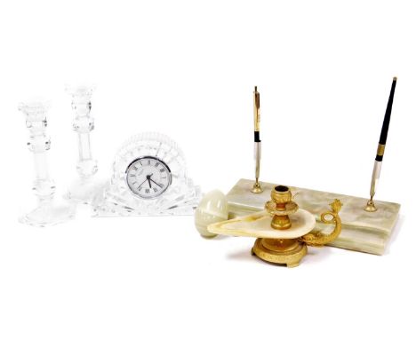 A late 20thC Waterford crystal mantel clock, Napoleon hat type with 7cm diameter Roman numeric dial, a Harrods fine cut lead 