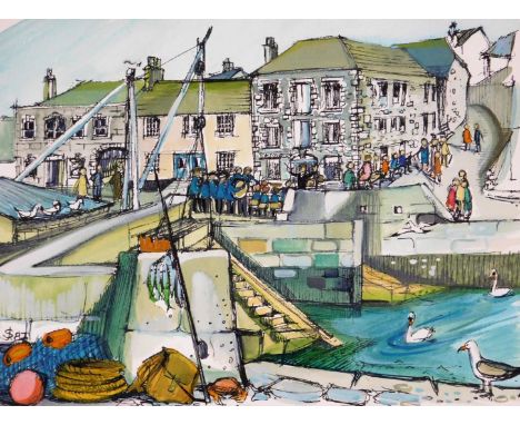 Joy Stokes (20thC). Harbour scene, figures in a band before buildings, artist signed limited edition print, no. 5/24, signed 