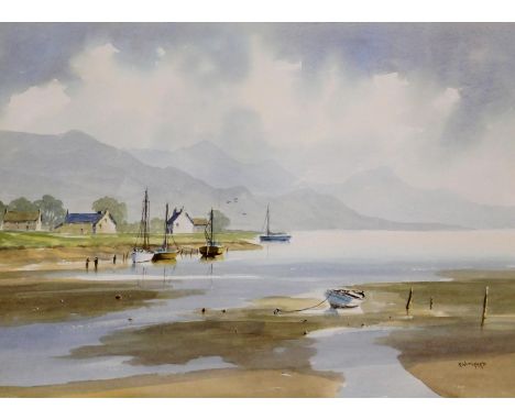 R Witchard (20thC). Moored boats before houses and mountains on a summers day, watercolour, signed, 36cm x 55cm.