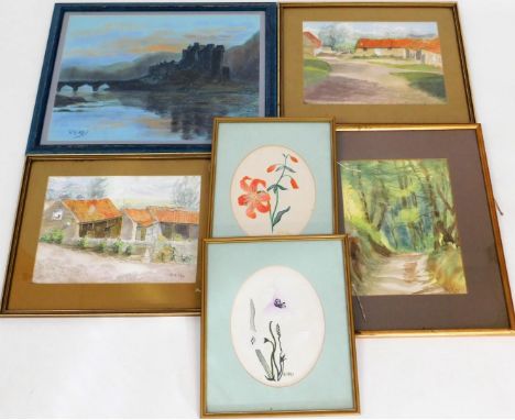 R J Key (20thC). Woodland landscape, watercolour, signed, 33cm x 23cm, various other pictures, embroideries, etc., by the sam