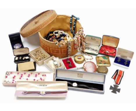 A quantity of costume jewellery and effects, comprising a Timex wristwatch, evening necklaces, Ingersoll wristwatch, faux pea