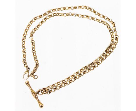 A 9ct gold belcher link chain and t-bar, the chain stamped 9K to clasp, 46cm long overall, with 9ct gold t-bar pendant, 11.1g