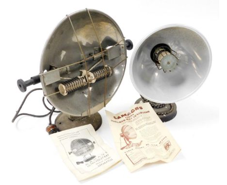 A vintage metal cased infrared table top heat lamp, with circular mesh fronted shade, on metal base, 39cm high, and another s