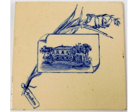 A Maw &amp; Co ceramic tile, in white ground decorated in blue, with cottage scene and flowers, manufactured in Brosley, 15cm