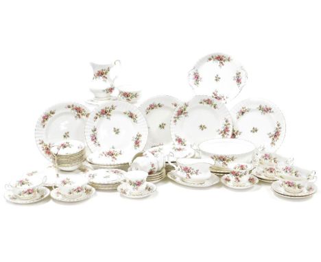 A Royal Albert Moss Rose pattern part tea and dinner service, comprising six cups and saucers, six coffee cups and saucers, s