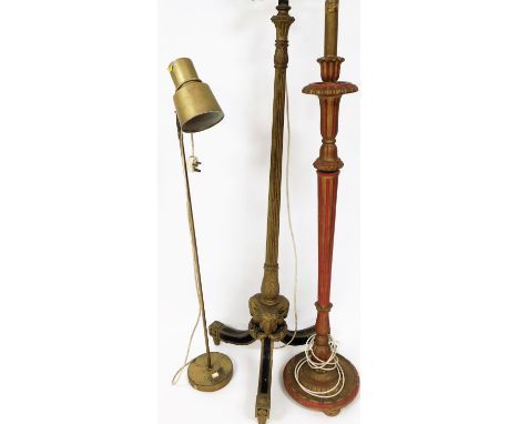 Three standard lamps, comprising a gilt rams head standard lamp, a gilt and red swan neck standard lamp, and an industrial ty