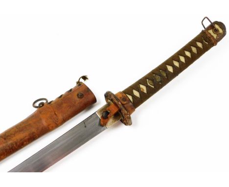 A 20thC Japanese samurai sword, with plain curved blade, brown leather scabbard and turned handle with diamond shaped cutting