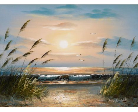 W Temple (20thC). Twilight seascape with seagulls, probably acrylic on paper, signed 32cm x 40cm. 