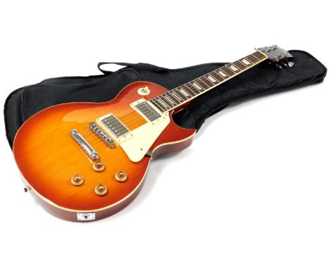 A Rockburn electric guitar,  with shaped body, mother of pearl inlay, and six chrome finished tuning pegs, 89cm wide, in canv
