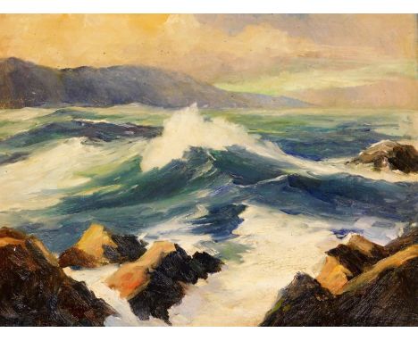 An early 20thC English School. Seascape, crashing waves before cliffs with clouds gathering, oil on canvas, unsigned, 35cm x 