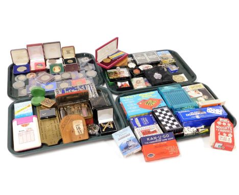 Vintage Carr's biscuit tin, and a quantity of miniature glass bottles, various commemorative coins, York oak desk calendar, p