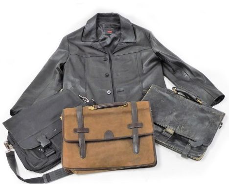A Future Designs gents faux leather jacket, size XXL, together with three laptop bags, a black leather and tartan lined satch