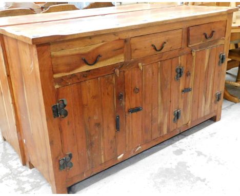 A hardwood sideboard, in the rustic style with button bordered top, three drawer top section and three cupboard base, 90cm hi