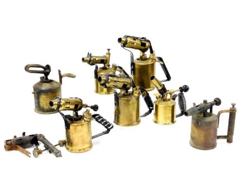 Various early 20thC and later brass blowlamps, to include one with turned handle marked Swedish lamp for benzoline or petrol,