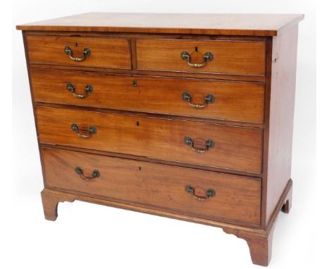 A 19thC mahogany chest, of two short and three long drawers, on ogee bracket feet, the top with a front cross banding, 92cm h
