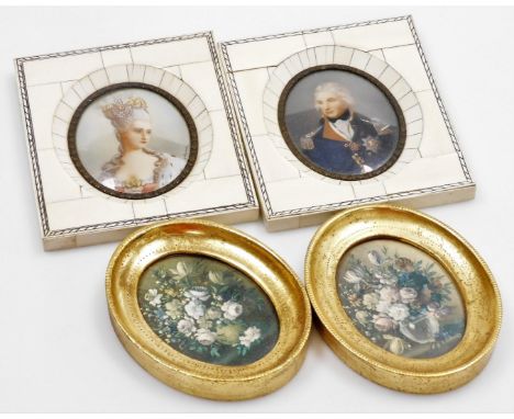 A Lord Nelson portrait miniature, a modern copy, 9cm x 7cm, in faux ivory frame, a further image signed Crana of Josephine, a