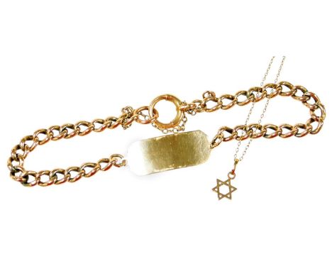 Two items of gold jewellery, comprising a 9ct gold identity bracelet, on curb link rose gold bracelet, with identity tag mark
