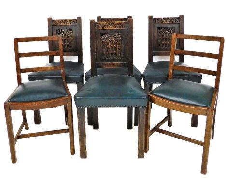 A set of late 19thC oak dining chairs, each with shield carved back, on blue faux leather seats, with button pins (4), togeth