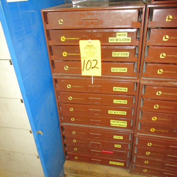 Lawson (12) Drawer Storage , With Content of Sheet Metal Screws,ORings, POP Rivets, Set