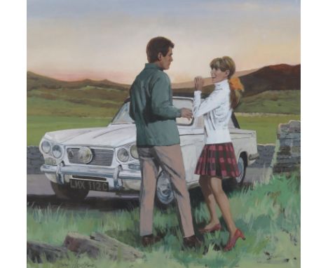‡ John Heseltine (b.1923) Illustration of a couple by a car in a landscape Signed Gouache 44.5 x 45cm Provenance: Jeremy Wood