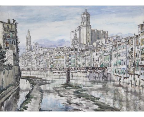 ‡ Sir David Muirhead Bone RWS (Scottish 1876-1956) New Bridge and Cathedral, Gerona Signed Pen, ink and watercolour 26 x 35cm