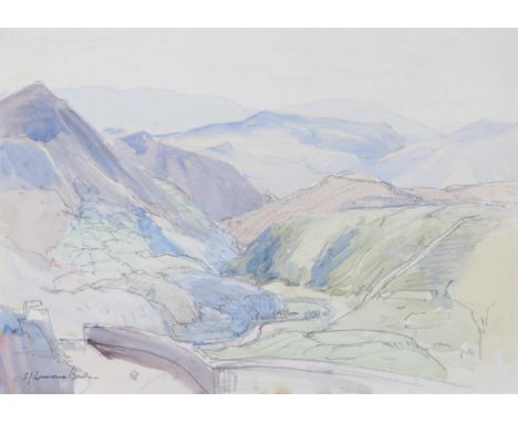 ‡ Samuel John Lamorna Birch RA (1869-1955) View over a mountainous landscape from a terrace Signed Pencil with watercolour 24