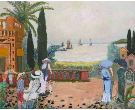 ‡ Ramon Dilley (French b.1937) Les St Halbhan l’été, à Cannes ou Ceux De La Rivera Signed, also signed and titled verso Oil o
