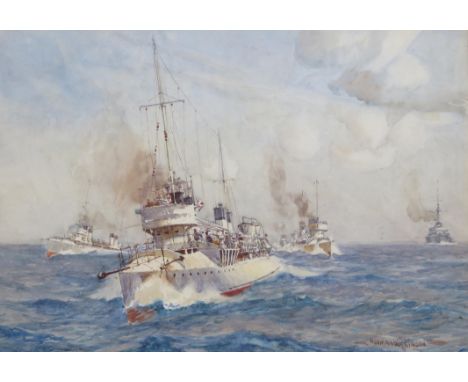 ‡ Norman Wilkinson (1878-1971) Warships at sea Signed Watercolour 34 x 54cm Condition report: The sky with some fine pinprick