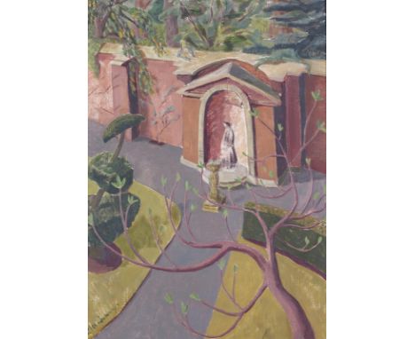 ‡ Priscilla Hanbury (1921-2008) A walled garden with a statue in a niche and a sundial Signed  Oil on canvas board 76 x 54.5c