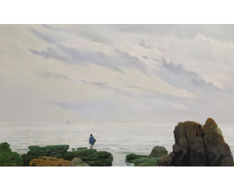 Alberto Valenzuela Llanos (Chilean 1869-1925) Coastal seascape in Chile with a figure on the shore Signed, inscribed San Vice