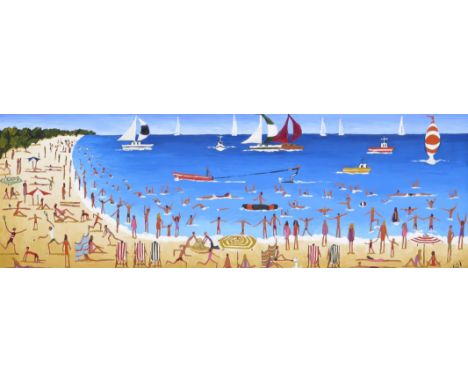 ‡ Louise Braithwaite (20/21st Century) Bay with waterskiers Signed with initials and dated 01 Oil on board 24 x 70cm Provenan