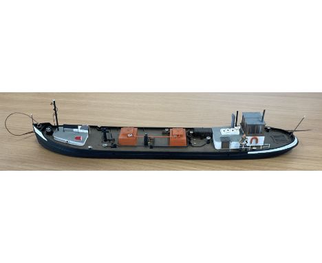 Model Working Boat by unknown manufacturer, one upright piece is broken off needs reglueing, includes mooring ropes fore' and