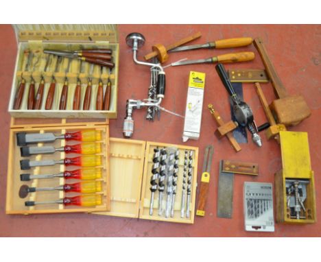 Selection of good quality woodworking tools inc. Marples chisels, hand drill, squares etc.