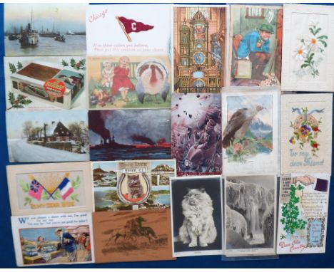 Postcards, 48 assorted novelty postcards including silks, hold to light, leather, celluloid, mechanical etc. (gd) 