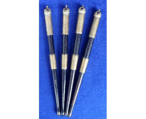 Military Drum Sticks, 2 pairs of vintage ebony drumsticks with crown finial and floral brass decoration (approx. length 24 cm