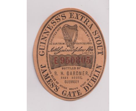 Beer label, Guinness's Extra Stout, bottled by R H Gardner, Guernsey, c1898, E950805, vertical oval 82mm high (few pinholes o