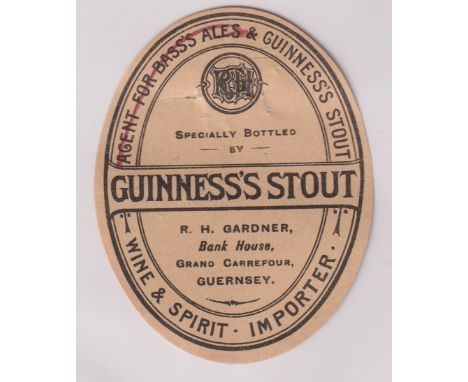 Beer label, Guinness's Stout, a rare c1896 label bottled by R H Gardner, Guernsey, 87mm high, (few pinholes, red line through