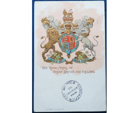 Postcard, an embossed card of 'The Royal Arms of Great Britain and Ireland' undivided back, published by Wrench series 1166. 