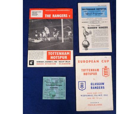 Football programmes &amp; ticket, Glasgow Rangers v Tottenham EC 1962/63, programmes for home and away matches together with 