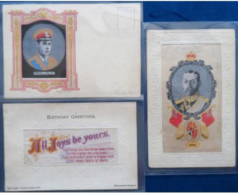 Postcards, Silks, a selection of 3 woven silks, inc. George V published by Heckscher Paris, Prince of Wales (DeGalles) portra