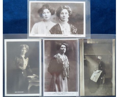 Postcards, Suffragette, a selection of 4 cards, inc. RPs of Mrs Pankhurst (full length), Mrs Pankhurst and daughter Christabe