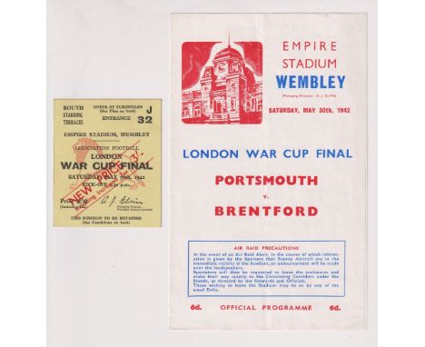 Football programme &amp; ticket, London War Cup Final 1942, Portsmouth v Brentford, programme &amp; match ticket (vg) (2)