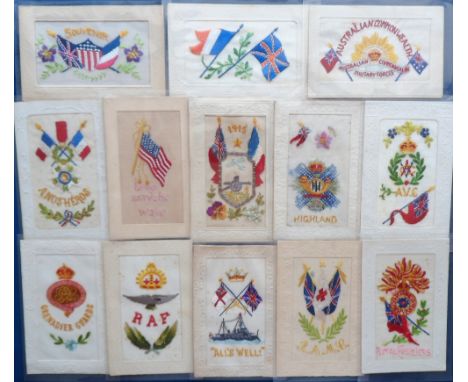 Postcards, Silks, a selection of approx. 20 embossed military and flags of the allies silks. Includes Souvenir de 2nd Aviatio