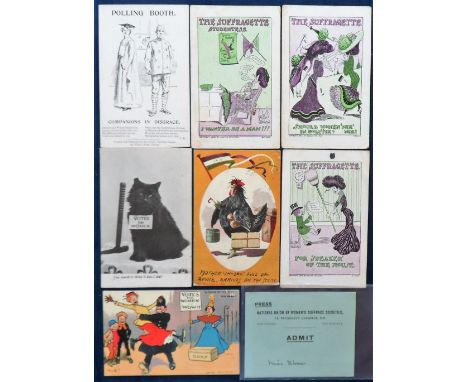 Postcards, Suffragette, a selection of 7 comic cards and a press ticket issued by the National Union of Women's Suffrage Soci