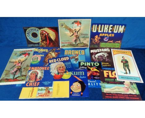 Advertising, a  collection of 15 vintage tobacco, fruit and vegetable labels to include Ghoorka Tobacco, Crusader tobacco (2)