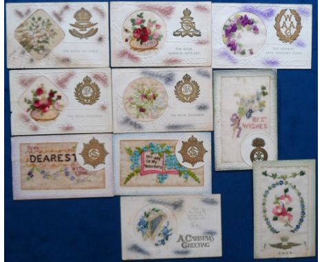 Postcards, Silks, a collection of 10 embroidered WW1 period silks published by Birn Bros London. 9 cards inset with gold colo