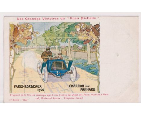 Postcard, Advertising, French motoring advert, 'Pneu Michelin', tile style design Paris-Bordeaux 1900, Charron sur Panhard, 1
