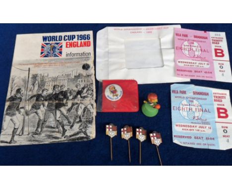 Football, World Cup 1966, a small selection of items, 4 pin badges, World Cup Willie tin badge and small World Cup Willie toy