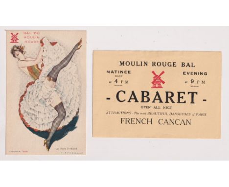 Postcards, Moulin Rouge, advert card showing Can Can girl 'La Panthere' by Chazelle, sold dual language original leaflet for 