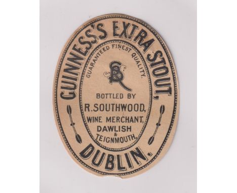 Beer label, Guinness's Extra Stout, a rare c1896 vertical oval label bottled by R Southwood, Dawlish &amp; Teignmouth, 80mm h